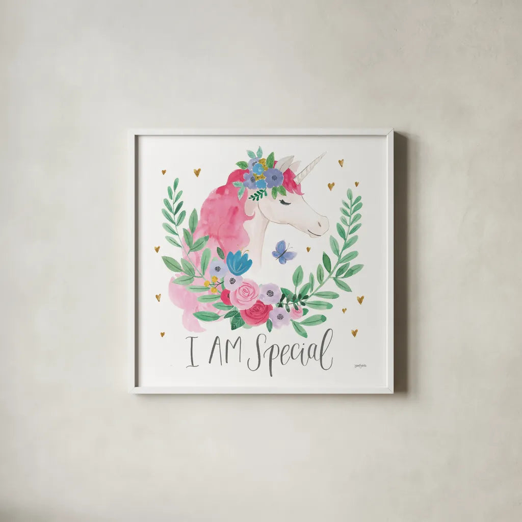 Magical Friends III Butterfly by Jenaya Jackson. Shown in a crisp white glass frame for a clean and minimalist style. Available as an archival giclee rolled canvas, fine art paper, or poster print. SKU 49963a.