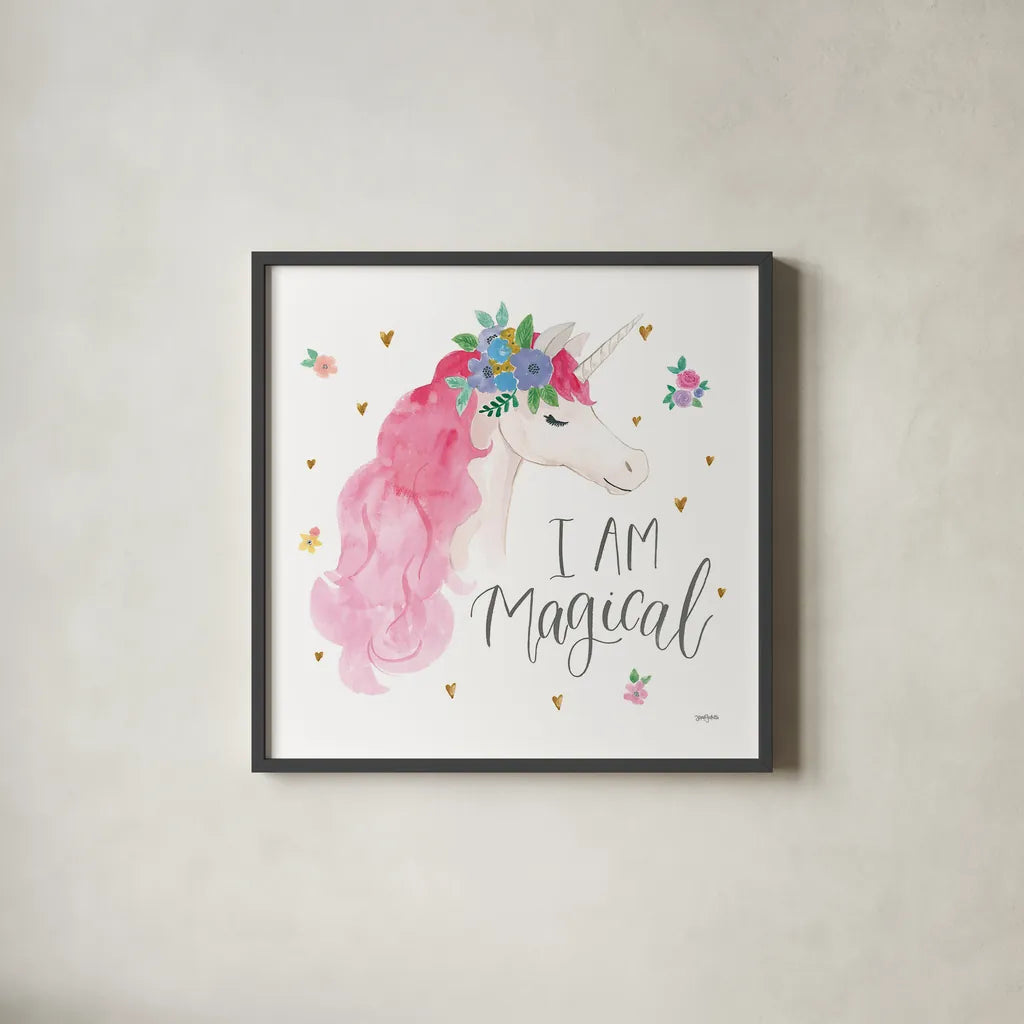 Magical Friends III I Am Magical by Jenaya Jackson. Shown in a sleek black glass frame for a contemporary gallery look. Available as an archival giclee rolled canvas, fine art paper, or poster print. SKU 48863a.