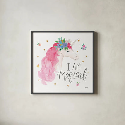Magical Friends III I Am Magical by Jenaya Jackson. Shown in a sleek black glass frame for a contemporary gallery look. Available as an archival giclee rolled canvas, fine art paper, or poster print. SKU 48863a.