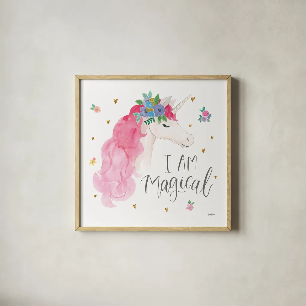 Magical Friends III I Am Magical by Jenaya Jackson. Shown in a natural wood glass frame for a timeless modern aesthetic. Available as an archival giclee rolled canvas, fine art paper, or poster print. SKU 48863a.