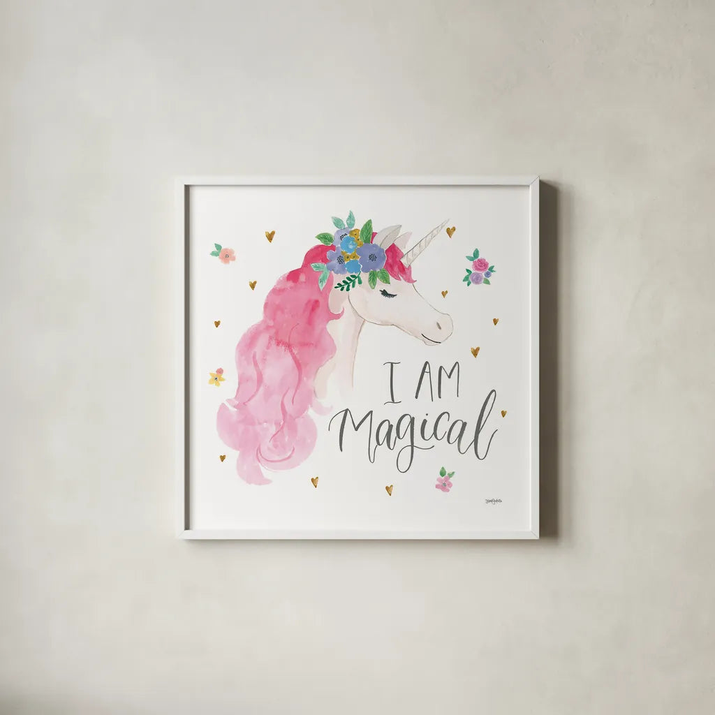 Magical Friends III I Am Magical by Jenaya Jackson. Shown in a crisp white glass frame for a clean and minimalist style. Available as an archival giclee rolled canvas, fine art paper, or poster print. SKU 48863a.