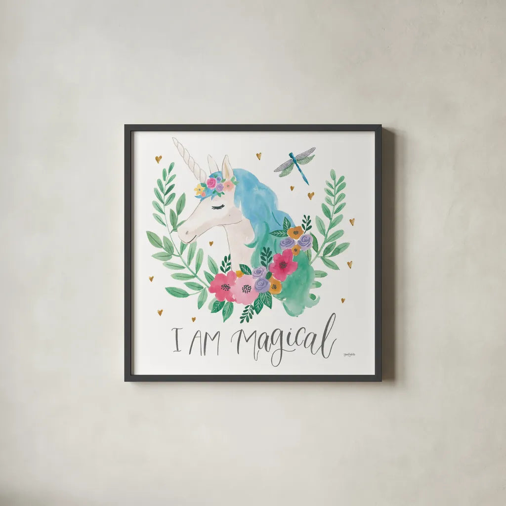 Magical Friends IV Dragonfly by Jenaya Jackson. Shown in a sleek black glass frame for a contemporary gallery look. Available as an archival giclee rolled canvas, fine art paper, or poster print. SKU 49964a.