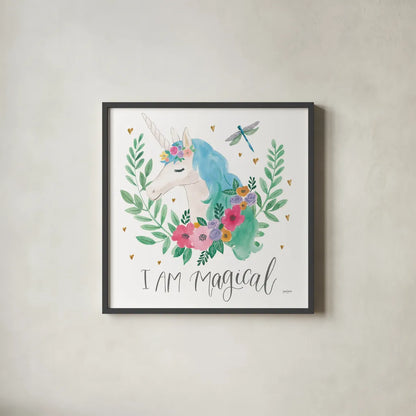 Magical Friends IV Dragonfly by Jenaya Jackson. Shown in a sleek black glass frame for a contemporary gallery look. Available as an archival giclee rolled canvas, fine art paper, or poster print. SKU 49964a.