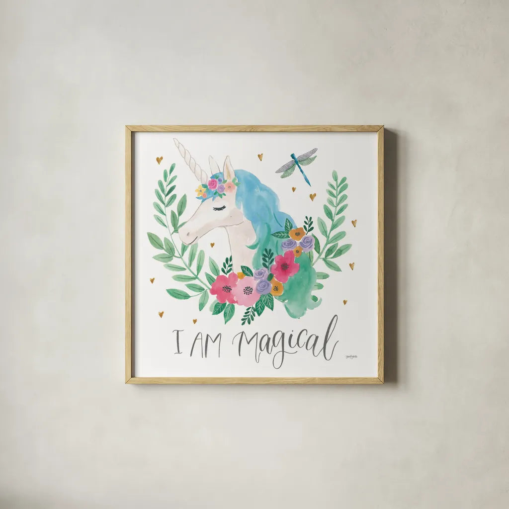 Magical Friends IV Dragonfly by Jenaya Jackson. Shown in a natural wood glass frame for a timeless modern aesthetic. Available as an archival giclee rolled canvas, fine art paper, or poster print. SKU 49964a.