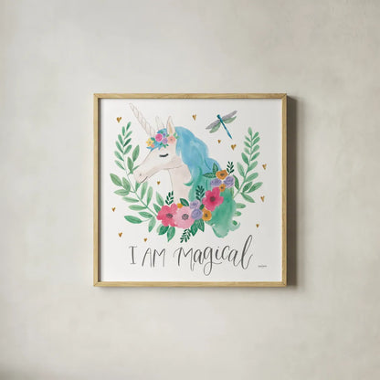 Magical Friends IV Dragonfly by Jenaya Jackson. Shown in a natural wood glass frame for a timeless modern aesthetic. Available as an archival giclee rolled canvas, fine art paper, or poster print. SKU 49964a.