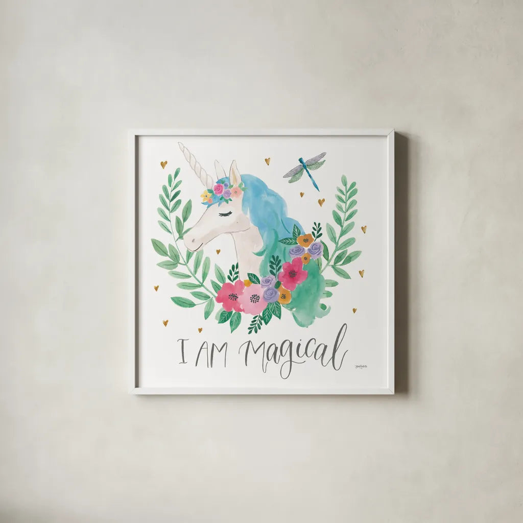 Magical Friends IV Dragonfly by Jenaya Jackson. Shown in a crisp white glass frame for a clean and minimalist style. Available as an archival giclee rolled canvas, fine art paper, or poster print. SKU 49964a.