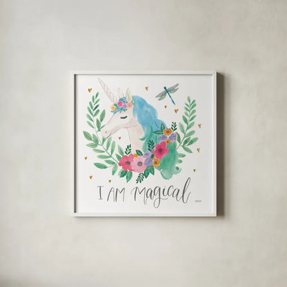 Magical Friends IV Dragonfly by Jenaya Jackson. Shown in a crisp white glass frame for a clean and minimalist style. Available as an archival giclee rolled canvas, fine art paper, or poster print. SKU 49964a.