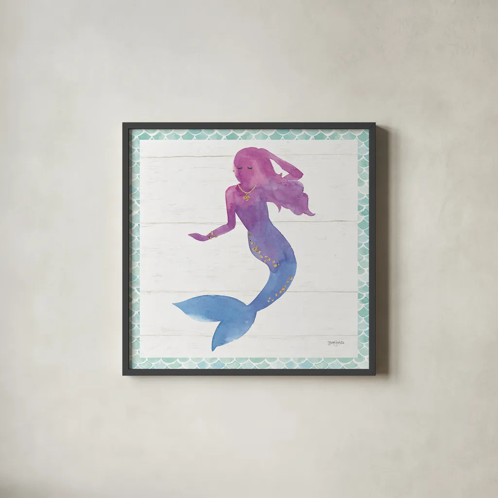Mermaid Friends III by Jenaya Jackson. Shown in a sleek black glass frame for a contemporary gallery look. Available as an archival giclee rolled canvas, fine art paper, or poster print. SKU 41489a.