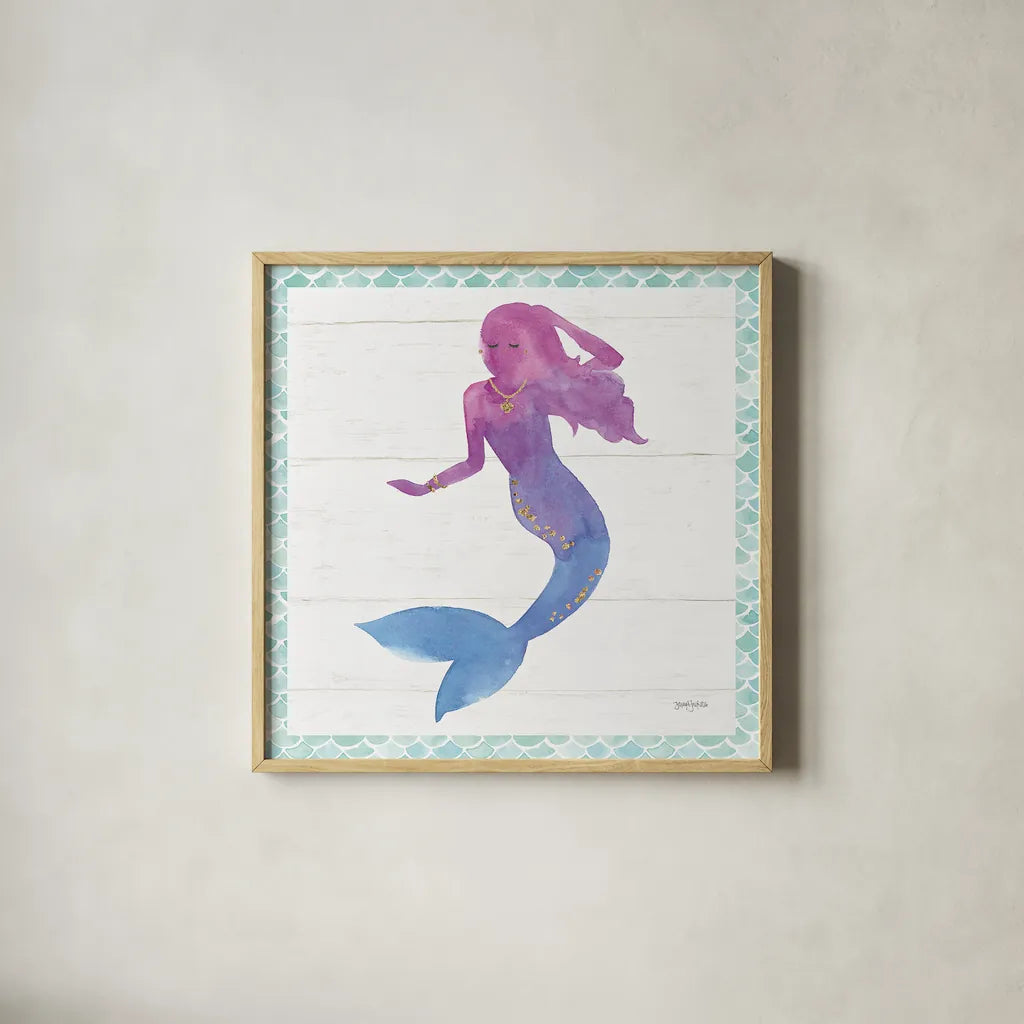 Mermaid Friends III by Jenaya Jackson. Shown in a natural wood glass frame for a timeless modern aesthetic. Available as an archival giclee rolled canvas, fine art paper, or poster print. SKU 41489a.