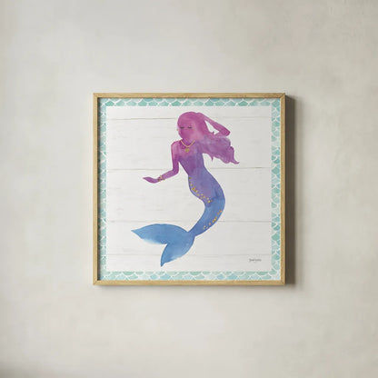 Mermaid Friends III by Jenaya Jackson. Shown in a natural wood glass frame for a timeless modern aesthetic. Available as an archival giclee rolled canvas, fine art paper, or poster print. SKU 41489a.