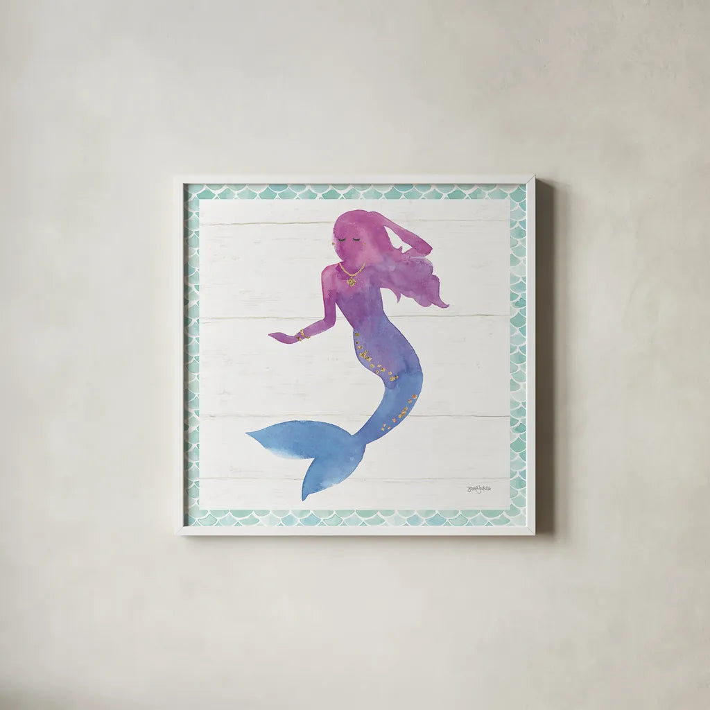 Mermaid Friends III by Jenaya Jackson. Shown in a crisp white glass frame for a clean and minimalist style. Available as an archival giclee rolled canvas, fine art paper, or poster print. SKU 41489a.