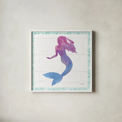 Mermaid Friends III by Jenaya Jackson. Shown in a crisp white glass frame for a clean and minimalist style. Available as an archival giclee rolled canvas, fine art paper, or poster print. SKU 41489a.