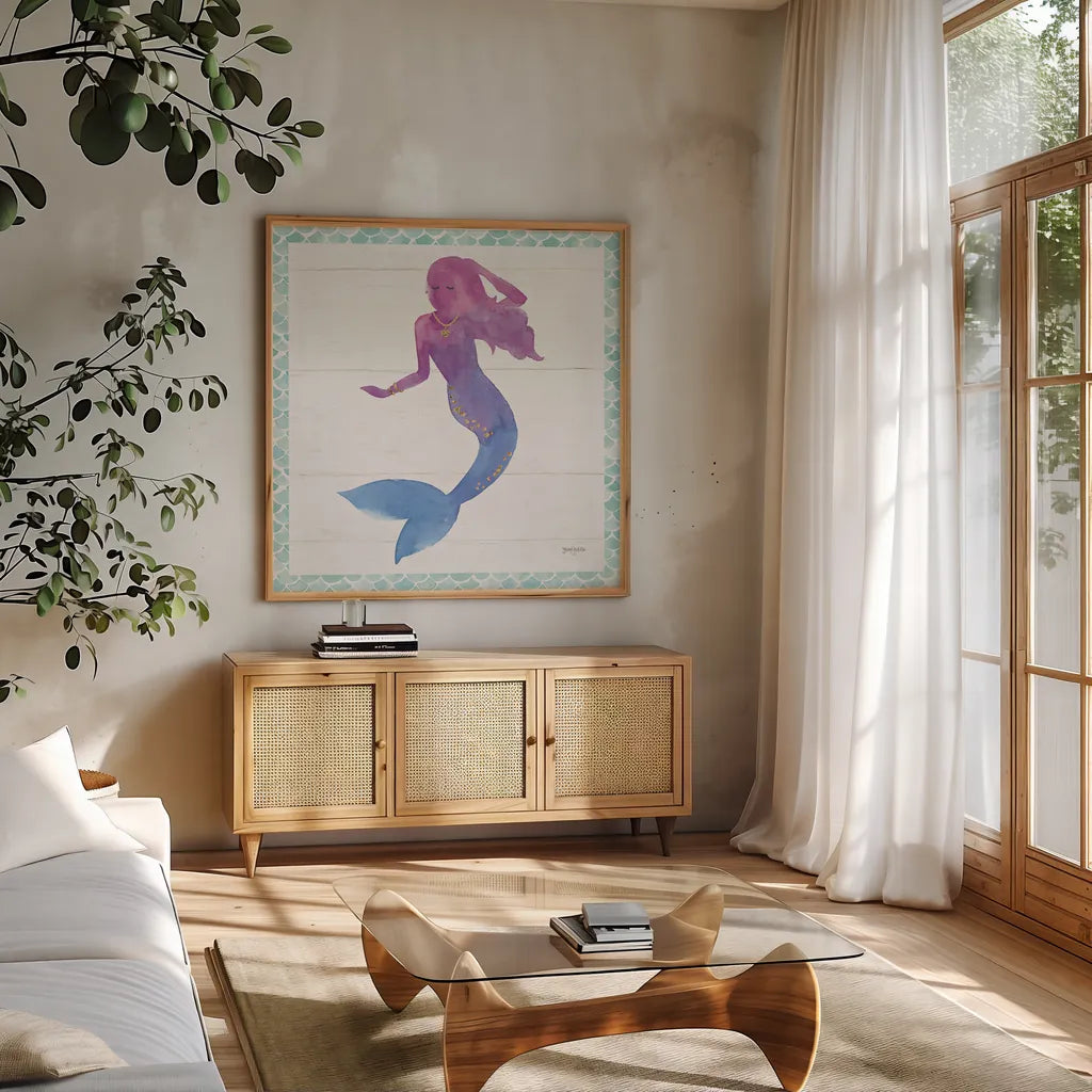 Mermaid Friends III by Jenaya Jackson. Shown in a natural wood frame in a cozy modern living room. Available as an archival giclee rolled canvas, fine art paper, or poster print. SKU 41489a.