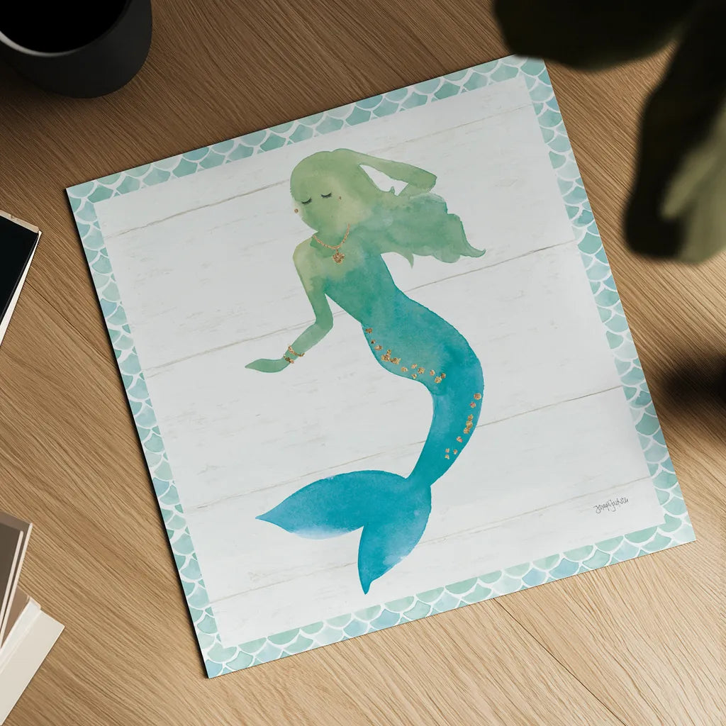 Mermaid Friends III Blue Green by Jenaya Jackson. Shown as a detailed flat fine art print, highlighting archival giclee quality. Available as an archival giclee rolled canvas, fine art paper, or poster print. SKU 59237a.