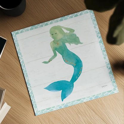 Mermaid Friends III Blue Green by Jenaya Jackson. Shown as a detailed flat fine art print, highlighting archival giclee quality. Available as an archival giclee rolled canvas, fine art paper, or poster print. SKU 59237a.