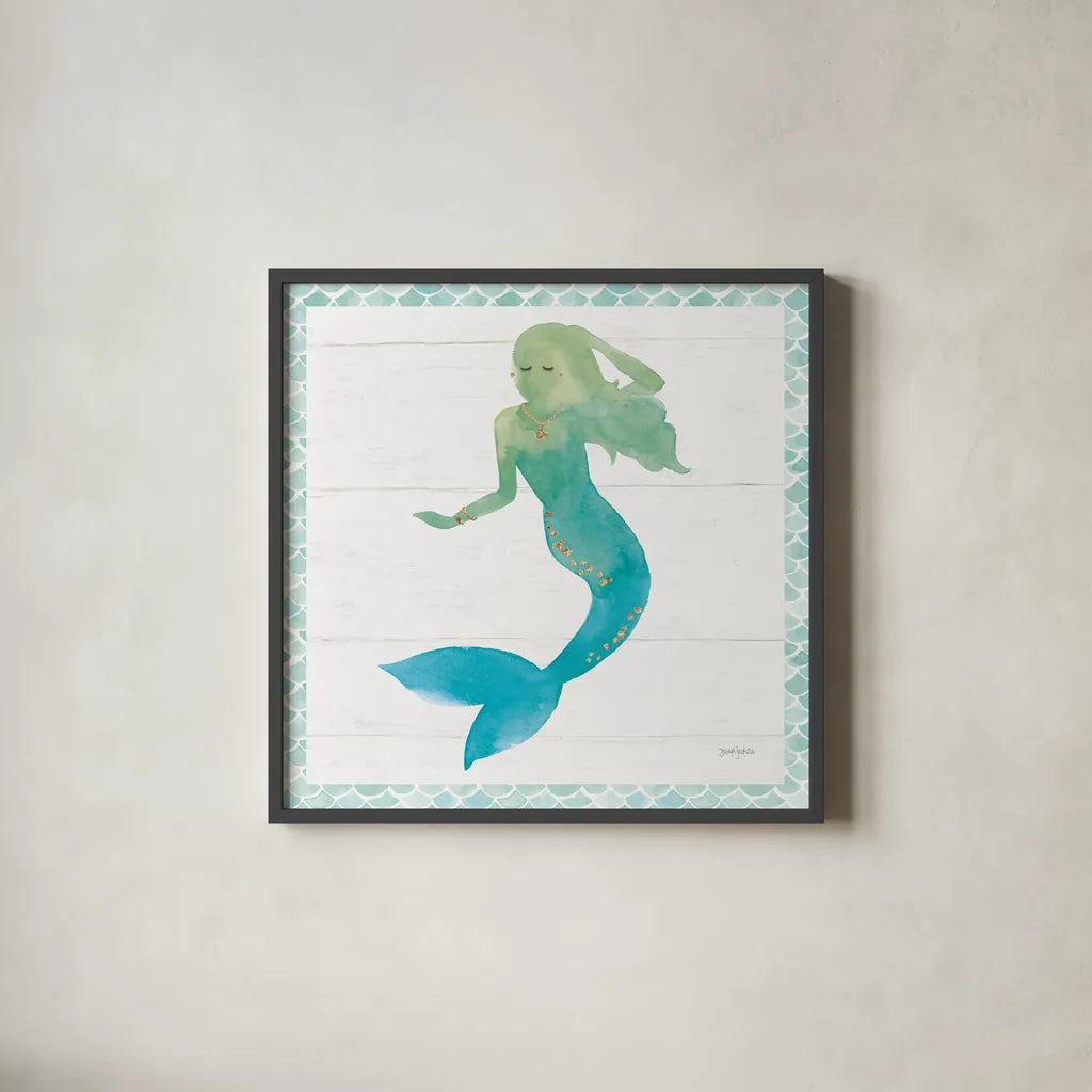 Mermaid Friends III Blue Green by Jenaya Jackson. Shown in a sleek black glass frame for a contemporary gallery look. Available as an archival giclee rolled canvas, fine art paper, or poster print. SKU 59237a.