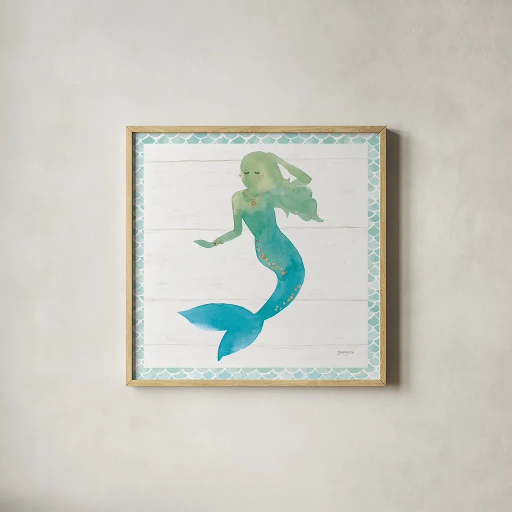 Mermaid Friends III Blue Green by Jenaya Jackson. Shown in a natural wood glass frame for a timeless modern aesthetic. Available as an archival giclee rolled canvas, fine art paper, or poster print. SKU 59237a.