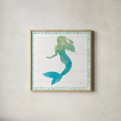 Mermaid Friends III Blue Green by Jenaya Jackson. Shown in a natural wood glass frame for a timeless modern aesthetic. Available as an archival giclee rolled canvas, fine art paper, or poster print. SKU 59237a.