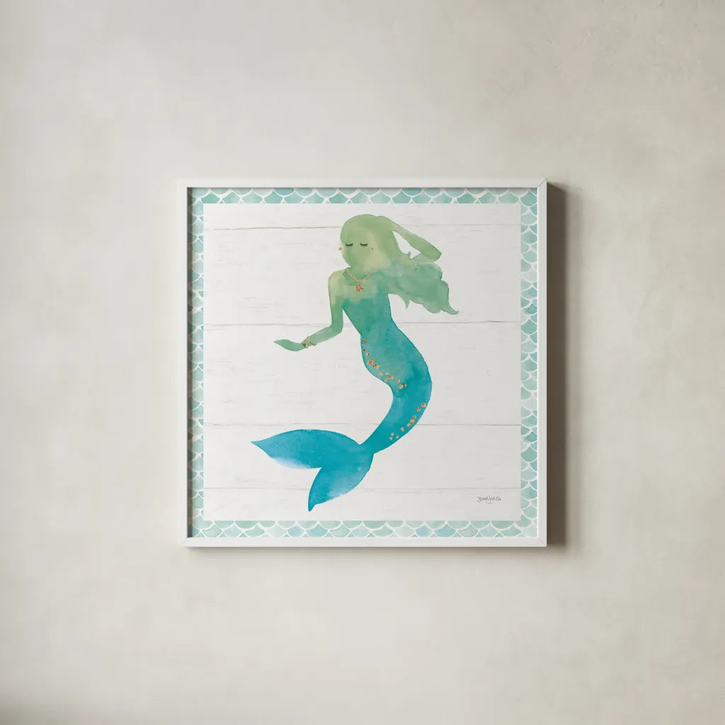 Mermaid Friends III Blue Green by Jenaya Jackson. Shown in a crisp white glass frame for a clean and minimalist style. Available as an archival giclee rolled canvas, fine art paper, or poster print. SKU 59237a.