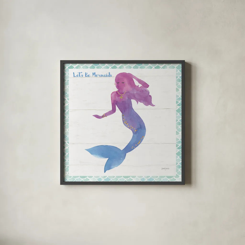 Mermaid Friends III Lets Be by Jenaya Jackson. Shown in a sleek black glass frame for a contemporary gallery look. Available as an archival giclee rolled canvas, fine art paper, or poster print. SKU 43906a.