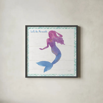 Mermaid Friends III Lets Be by Jenaya Jackson. Shown in a sleek black glass frame for a contemporary gallery look. Available as an archival giclee rolled canvas, fine art paper, or poster print. SKU 43906a.