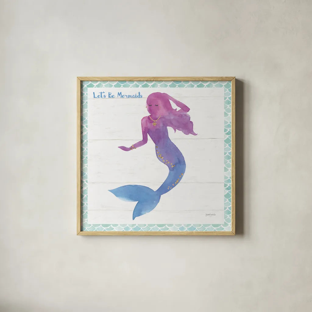 Mermaid Friends III Lets Be by Jenaya Jackson. Shown in a natural wood glass frame for a timeless modern aesthetic. Available as an archival giclee rolled canvas, fine art paper, or poster print. SKU 43906a.