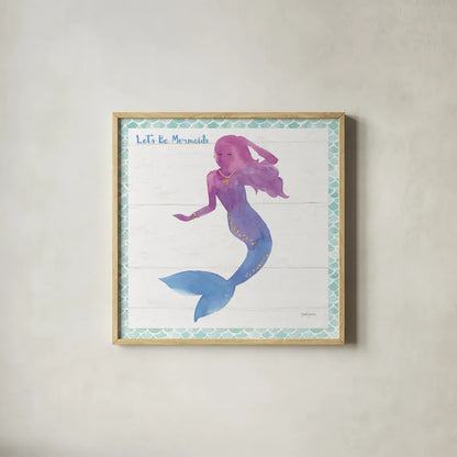 Mermaid Friends III Lets Be by Jenaya Jackson. Shown in a natural wood glass frame for a timeless modern aesthetic. Available as an archival giclee rolled canvas, fine art paper, or poster print. SKU 43906a.