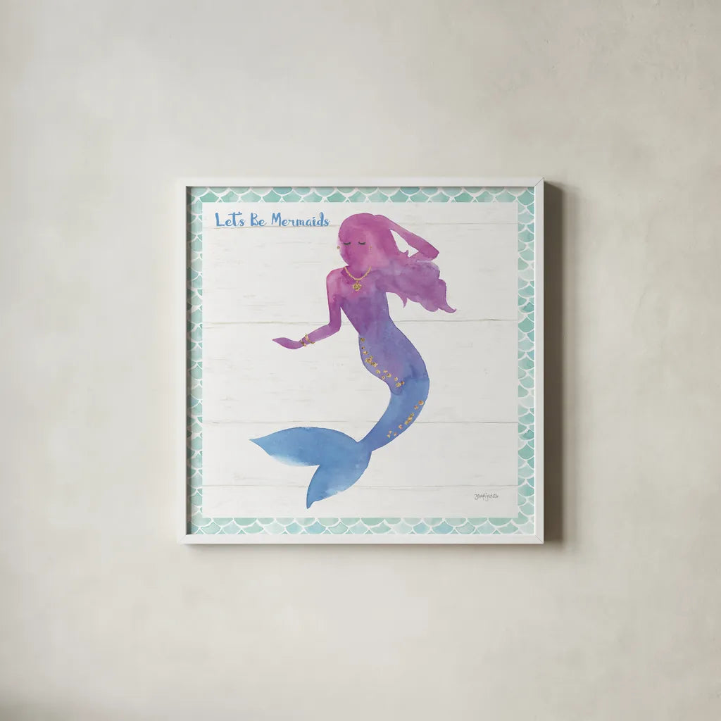 Mermaid Friends III Lets Be by Jenaya Jackson. Shown in a crisp white glass frame for a clean and minimalist style. Available as an archival giclee rolled canvas, fine art paper, or poster print. SKU 43906a.
