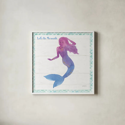 Mermaid Friends III Lets Be by Jenaya Jackson. Shown in a crisp white glass frame for a clean and minimalist style. Available as an archival giclee rolled canvas, fine art paper, or poster print. SKU 43906a.