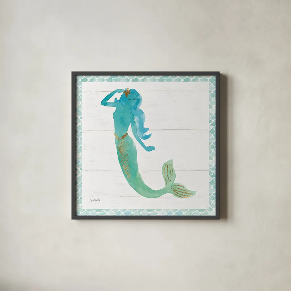 Mermaid Friends IV by Jenaya Jackson. Shown in a sleek black glass frame for a contemporary gallery look. Available as an archival giclee rolled canvas, fine art paper, or poster print. SKU 41490a.