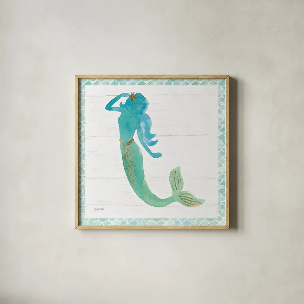 Mermaid Friends IV by Jenaya Jackson. Shown in a natural wood glass frame for a timeless modern aesthetic. Available as an archival giclee rolled canvas, fine art paper, or poster print. SKU 41490a.