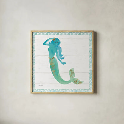 Mermaid Friends IV by Jenaya Jackson. Shown in a natural wood glass frame for a timeless modern aesthetic. Available as an archival giclee rolled canvas, fine art paper, or poster print. SKU 41490a.