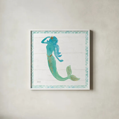 Mermaid Friends IV by Jenaya Jackson. Shown in a crisp white glass frame for a clean and minimalist style. Available as an archival giclee rolled canvas, fine art paper, or poster print. SKU 41490a.