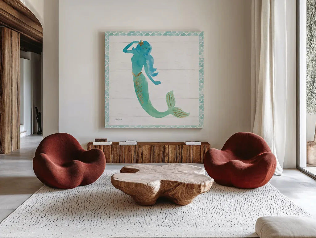 Mermaid Friends IV by Jenaya Jackson. Shown as extra-large giant wall art in a modern living room. Available as an archival giclee rolled canvas, fine art paper, or poster print. SKU 41490a.