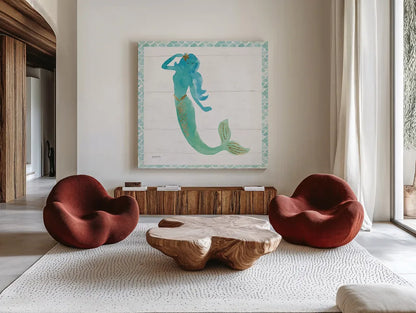 Mermaid Friends IV by Jenaya Jackson. Shown as extra-large giant wall art in a modern living room. Available as an archival giclee rolled canvas, fine art paper, or poster print. SKU 41490a.