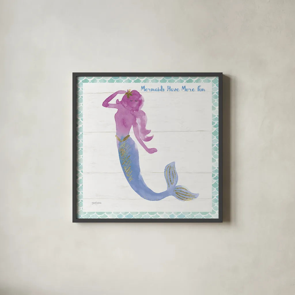 Mermaid Friends IV Fun by Jenaya Jackson. Shown in a sleek black glass frame for a contemporary gallery look. Available as an archival giclee rolled canvas, fine art paper, or poster print. SKU 43907a.