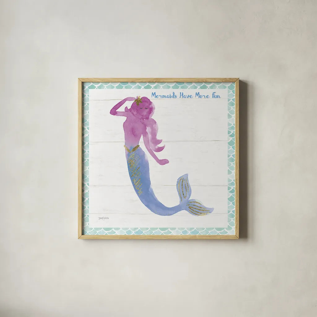 Mermaid Friends IV Fun by Jenaya Jackson. Shown in a natural wood glass frame for a timeless modern aesthetic. Available as an archival giclee rolled canvas, fine art paper, or poster print. SKU 43907a.