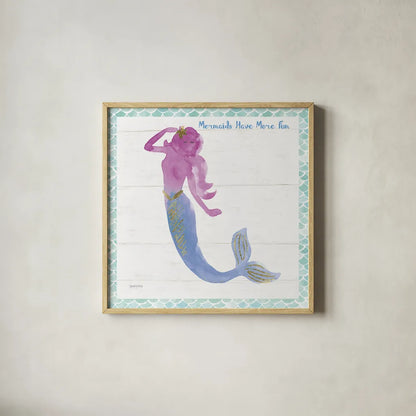 Mermaid Friends IV Fun by Jenaya Jackson. Shown in a natural wood glass frame for a timeless modern aesthetic. Available as an archival giclee rolled canvas, fine art paper, or poster print. SKU 43907a.