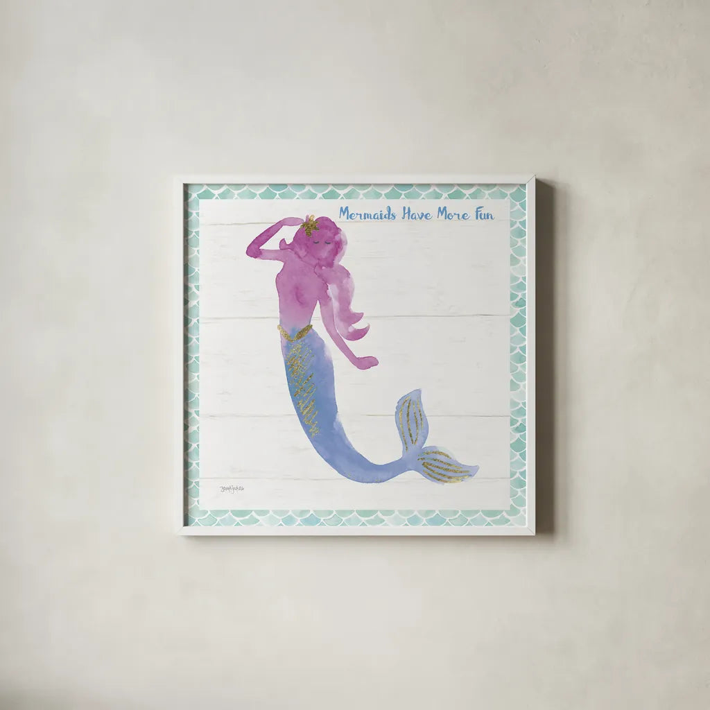 Mermaid Friends IV Fun by Jenaya Jackson. Shown in a crisp white glass frame for a clean and minimalist style. Available as an archival giclee rolled canvas, fine art paper, or poster print. SKU 43907a.