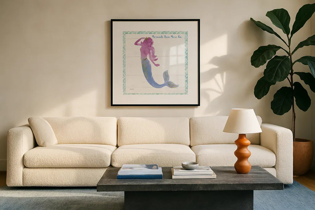 Mermaid Friends IV Fun by Jenaya Jackson. Displayed in a glass frame with matte in a clean modern living room. Available as an archival giclee rolled canvas, fine art paper, or poster print. SKU 43907a.