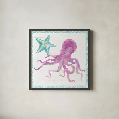Mermaid Friends V by Jenaya Jackson. Shown in a sleek black glass frame for a contemporary gallery look. Available as an archival giclee rolled canvas, fine art paper, or poster print. SKU 41491a.