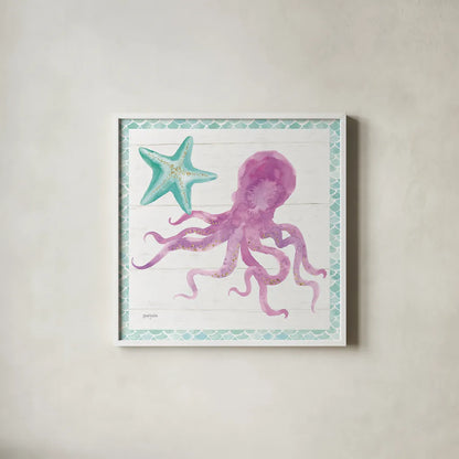Mermaid Friends V by Jenaya Jackson. Shown in a crisp white glass frame for a clean and minimalist style. Available as an archival giclee rolled canvas, fine art paper, or poster print. SKU 41491a.