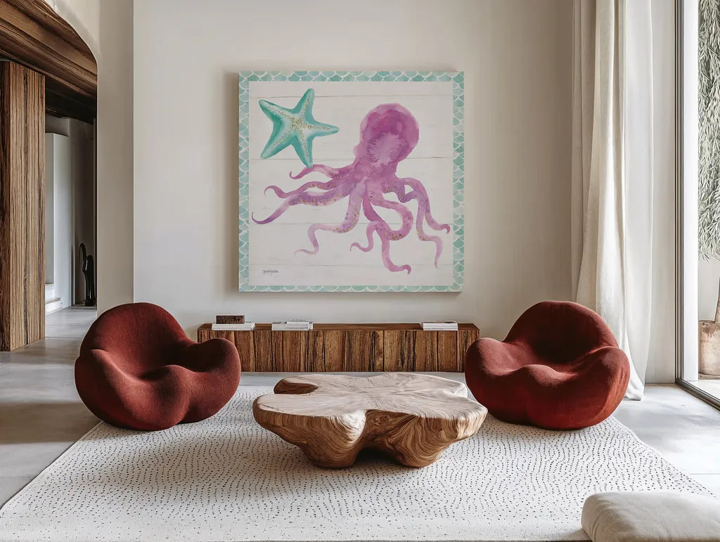 Mermaid Friends V by Jenaya Jackson. Shown as extra-large giant wall art in a modern living room. Available as an archival giclee rolled canvas, fine art paper, or poster print. SKU 41491a.