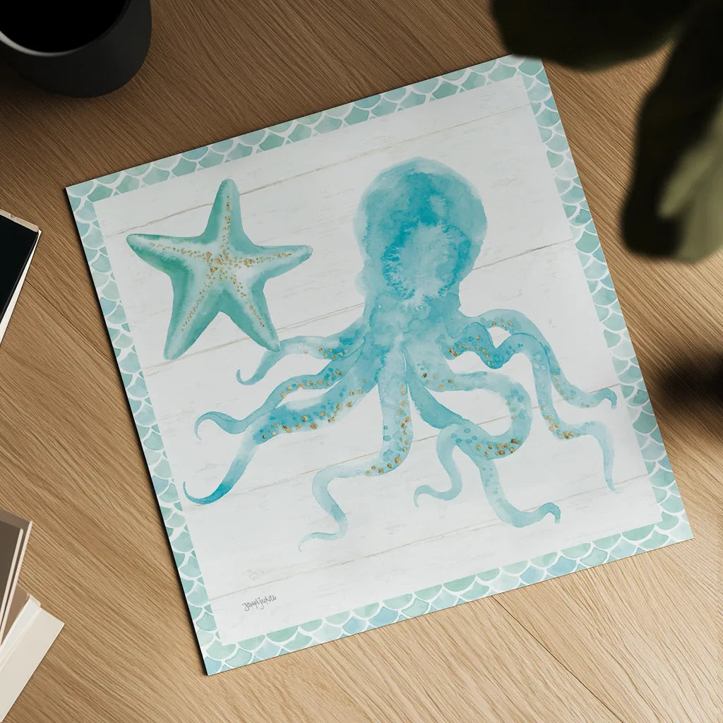 Mermaid Friends V Blue by Jenaya Jackson. Shown as a detailed flat fine art print, highlighting archival giclee quality. Available as an archival giclee rolled canvas, fine art paper, or poster print. SKU 59238a.