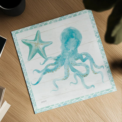 Mermaid Friends V Blue by Jenaya Jackson. Shown as a detailed flat fine art print, highlighting archival giclee quality. Available as an archival giclee rolled canvas, fine art paper, or poster print. SKU 59238a.