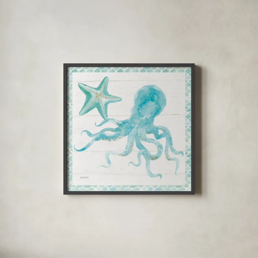 Mermaid Friends V Blue by Jenaya Jackson. Shown in a sleek black glass frame for a contemporary gallery look. Available as an archival giclee rolled canvas, fine art paper, or poster print. SKU 59238a.