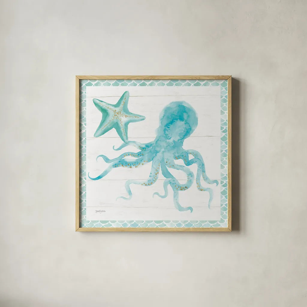 Mermaid Friends V Blue by Jenaya Jackson. Shown in a natural wood glass frame for a timeless modern aesthetic. Available as an archival giclee rolled canvas, fine art paper, or poster print. SKU 59238a.