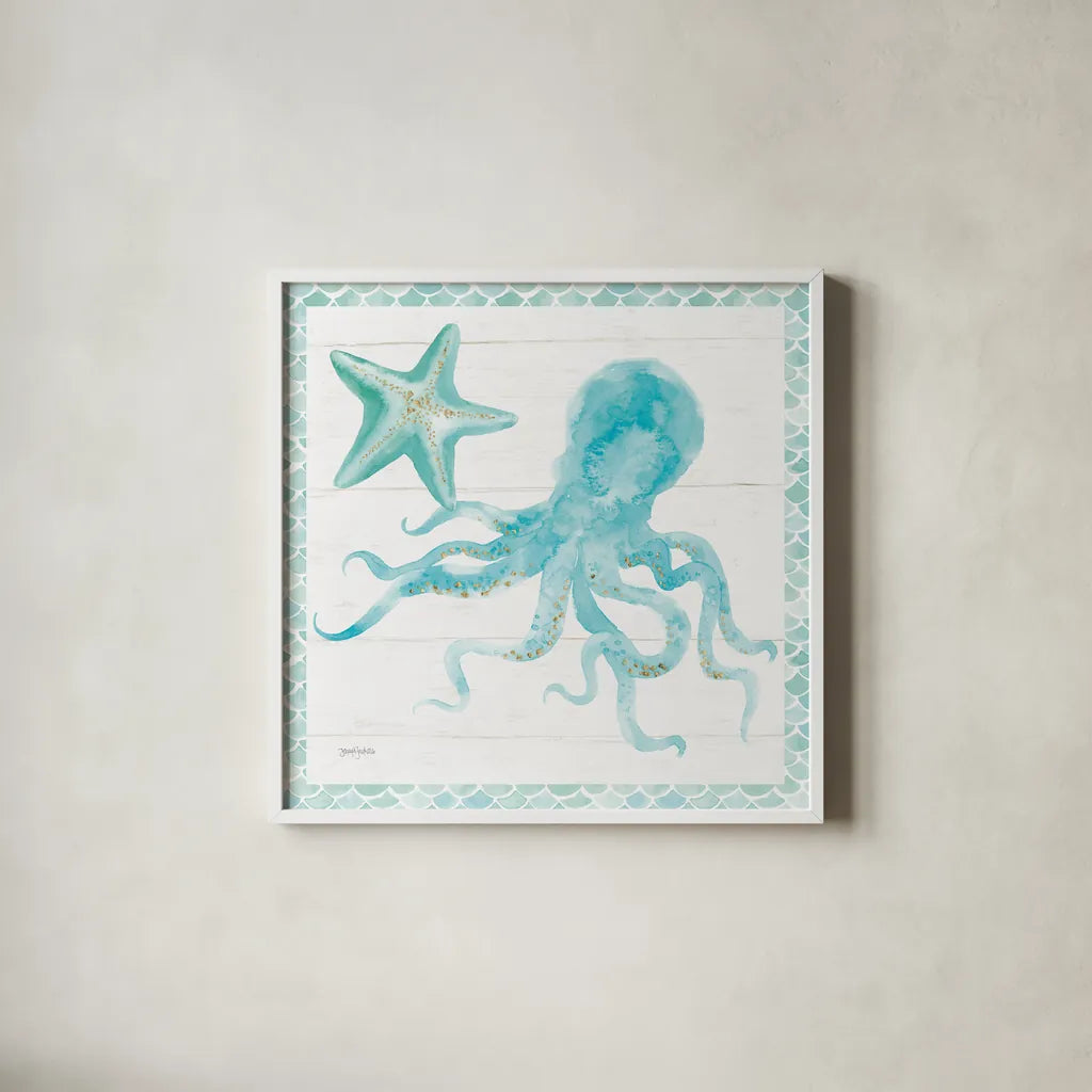 Mermaid Friends V Blue by Jenaya Jackson. Shown in a crisp white glass frame for a clean and minimalist style. Available as an archival giclee rolled canvas, fine art paper, or poster print. SKU 59238a.