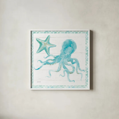 Mermaid Friends V Blue by Jenaya Jackson. Shown in a crisp white glass frame for a clean and minimalist style. Available as an archival giclee rolled canvas, fine art paper, or poster print. SKU 59238a.