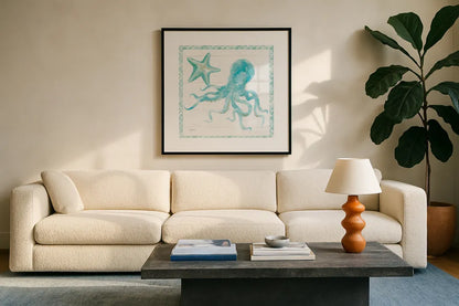 Mermaid Friends V Blue by Jenaya Jackson. Displayed in a glass frame with matte in a clean modern living room. Available as an archival giclee rolled canvas, fine art paper, or poster print. SKU 59238a.
